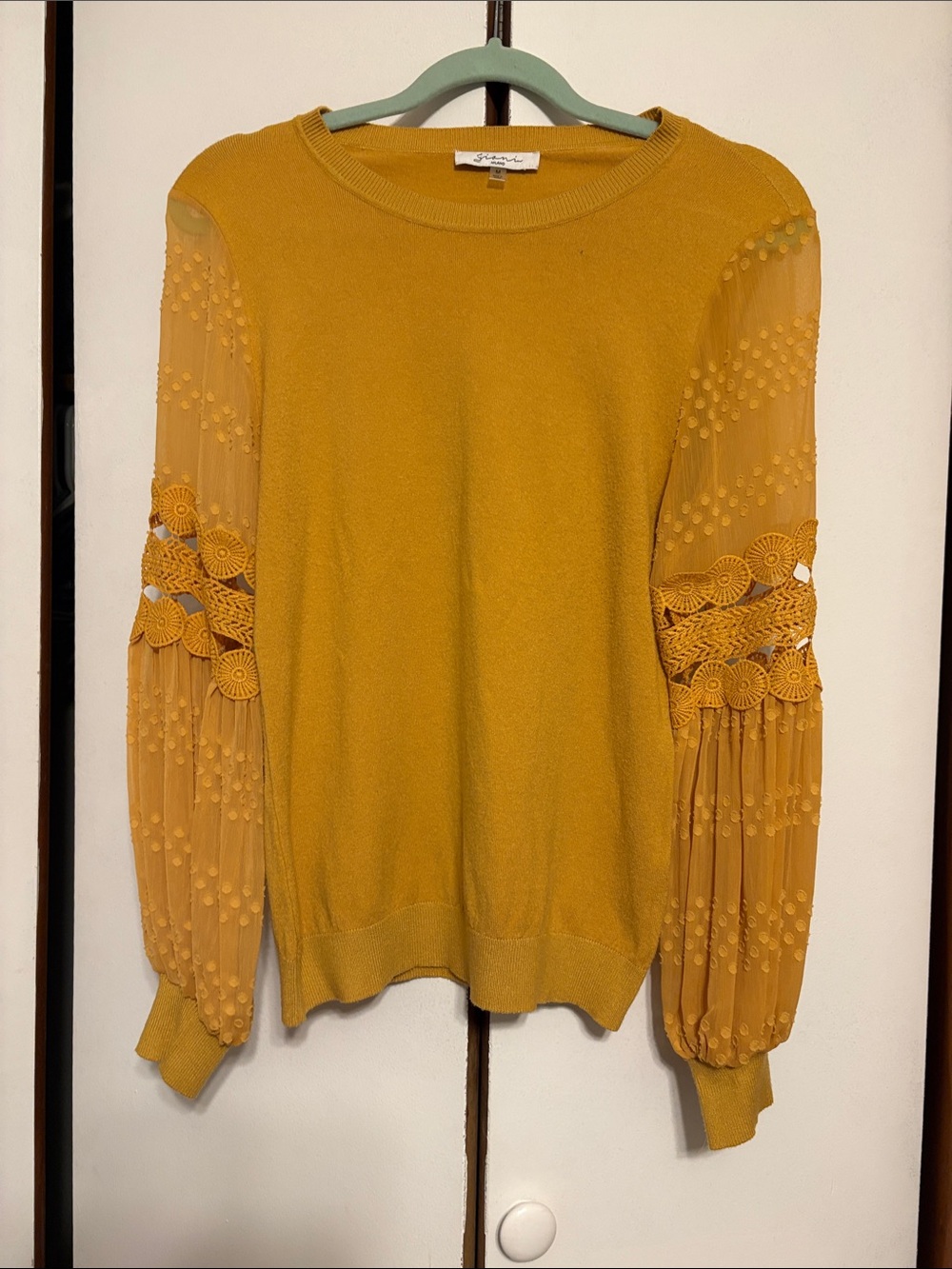 Sioni Mustard Crewneck Sweater with Lace-Trim Balloon Sleeves